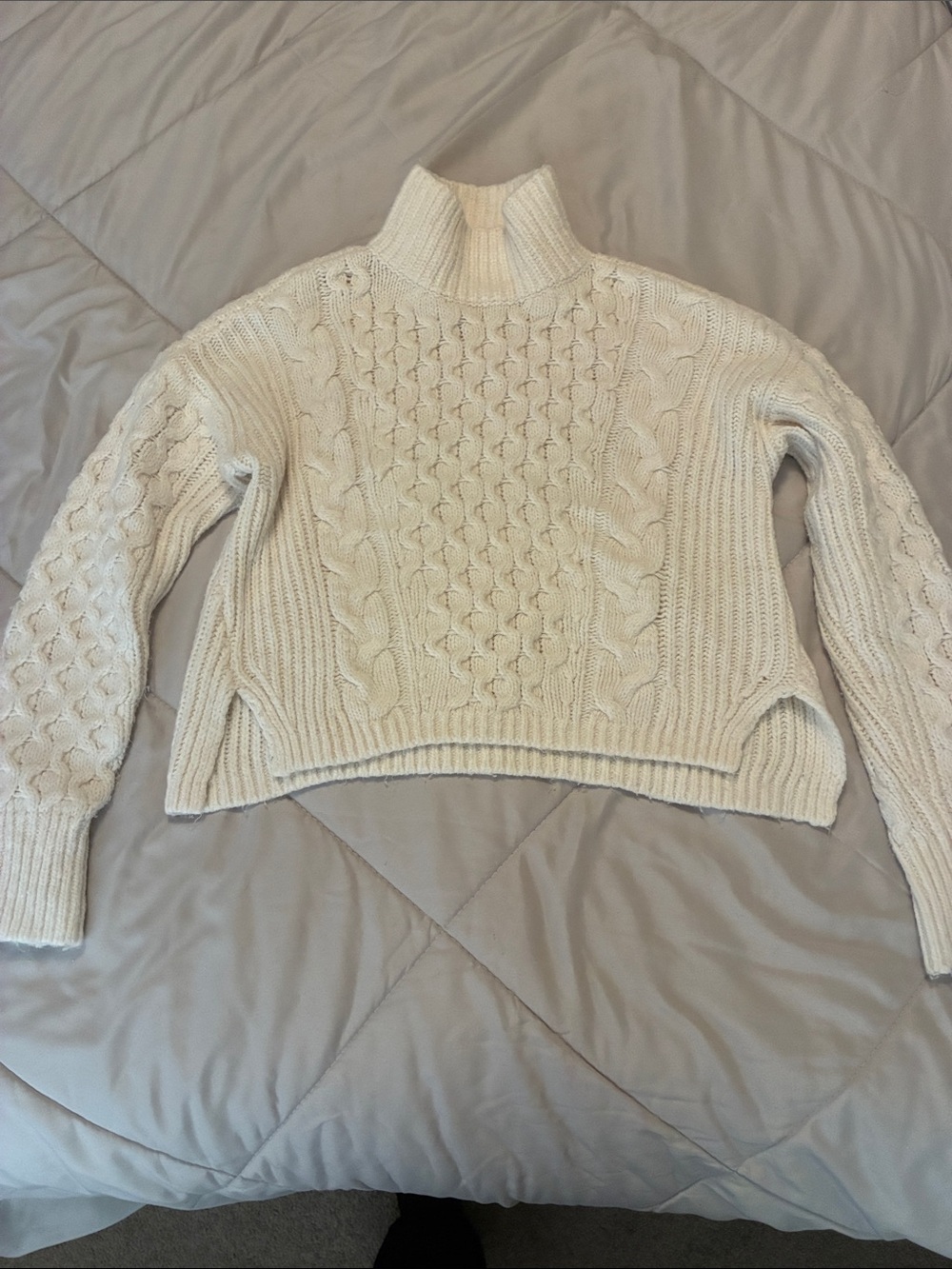 Cream Cable-Knit Mock Neck Sweater